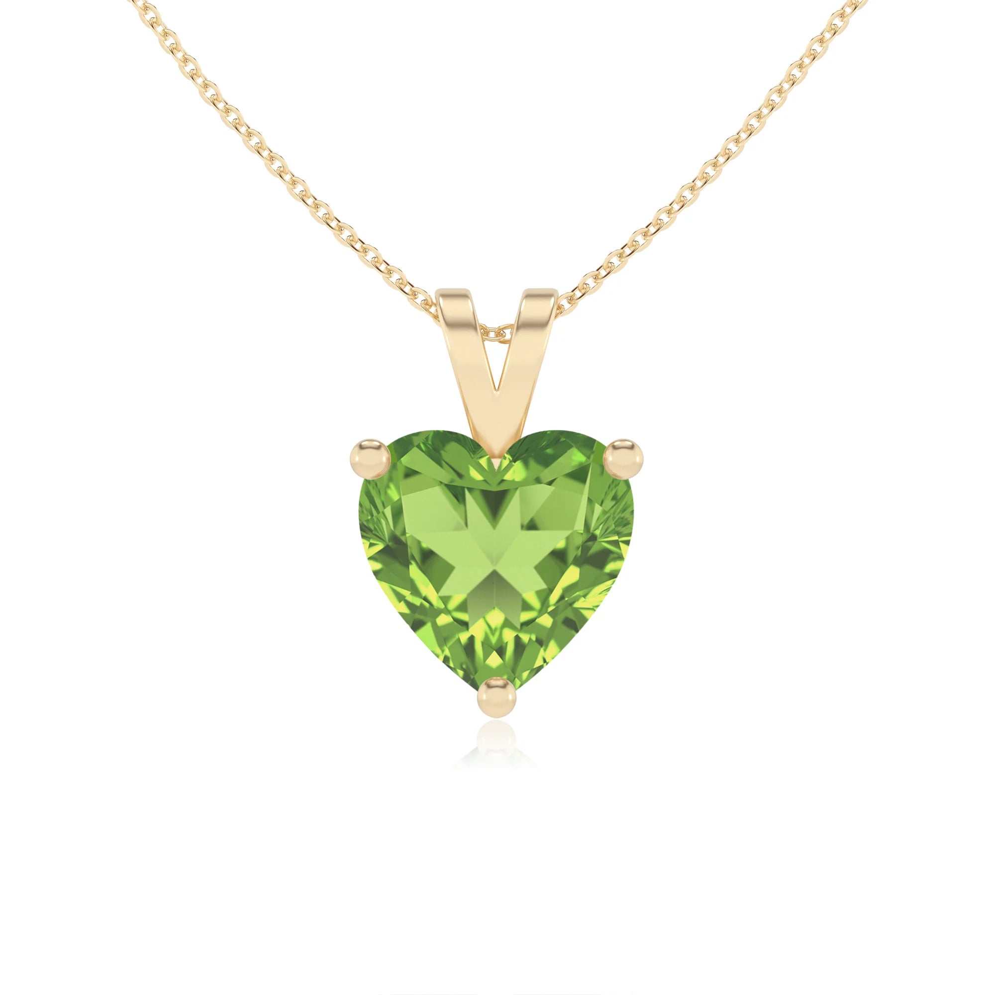 natural peridot heart solitaire v-bale necklaces in yellow gold 