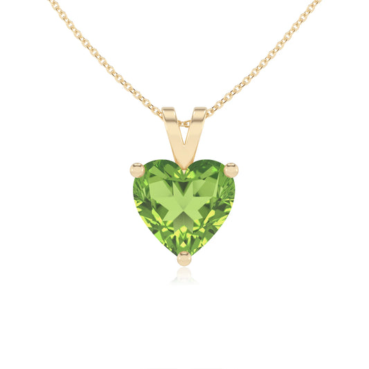 natural peridot heart solitaire v-bale necklaces in yellow gold 
