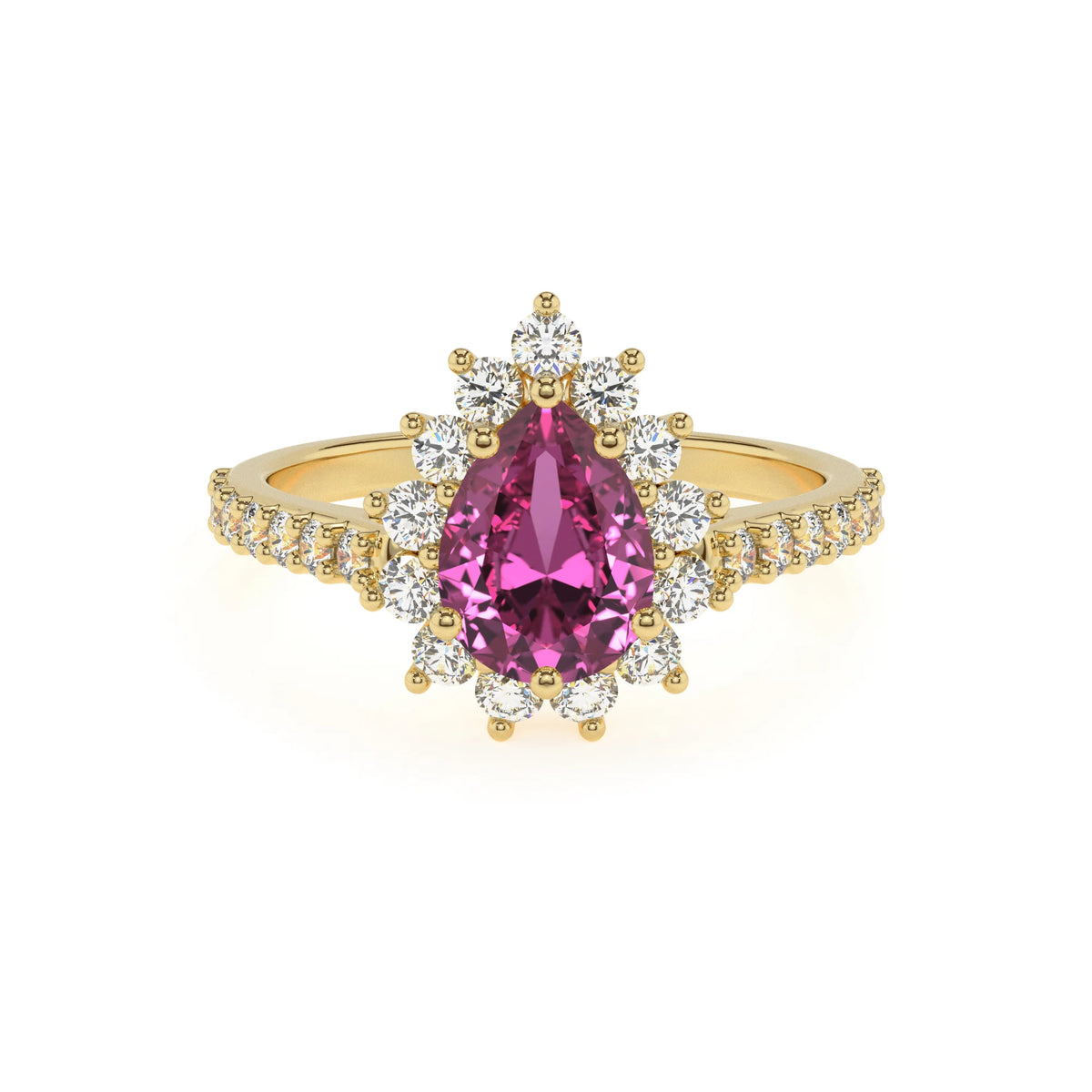 lab grown pink-sapphire pear solitaire rings in yellow gold 