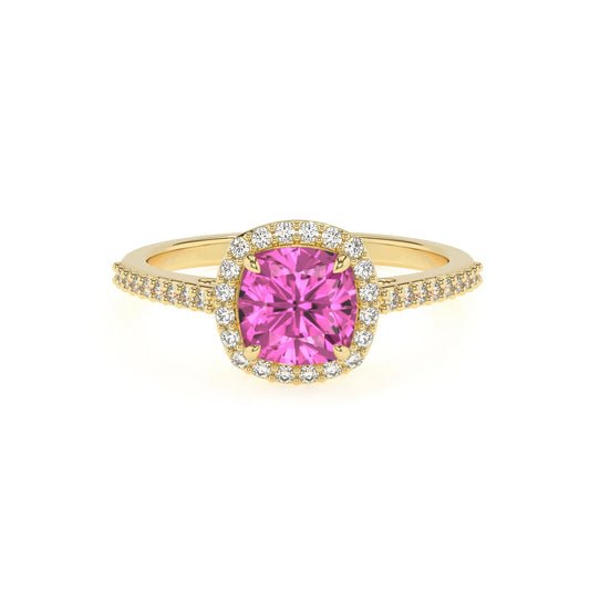 lab grown pink-sapphire cushion solitaire rings in yellow gold 