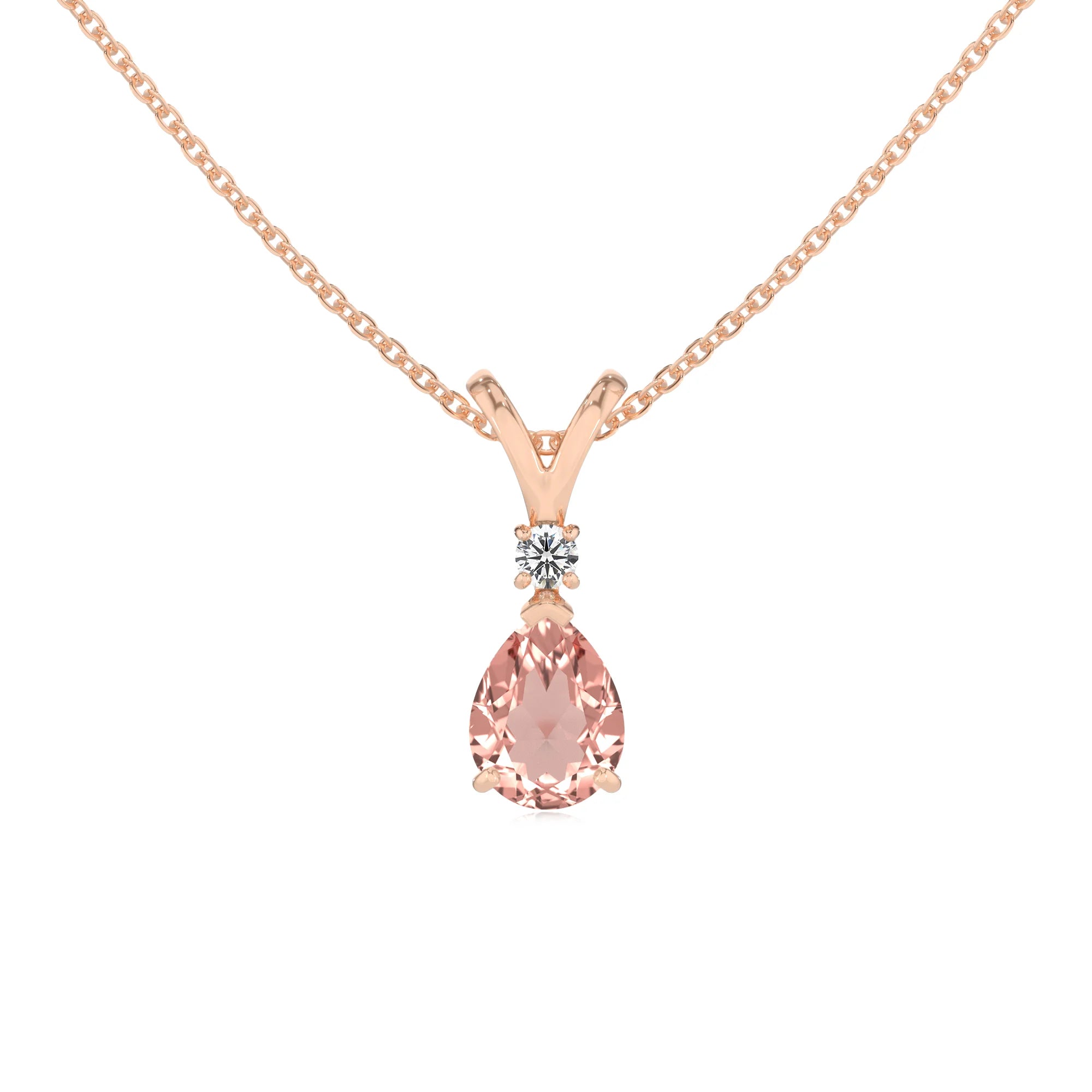 lab grown morganite pear solitaire v-bale necklaces in rose gold 
