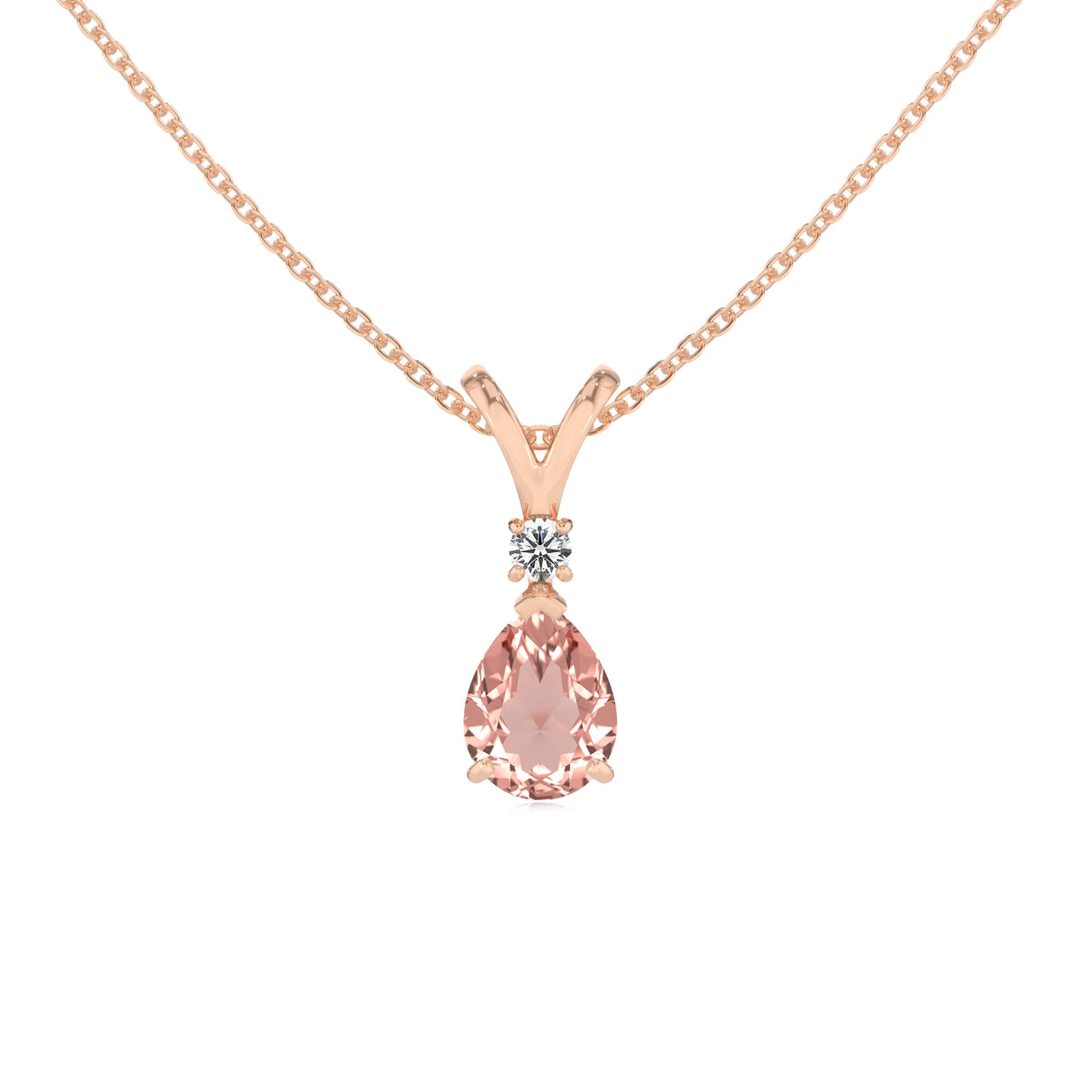 lab grown morganite pear solitaire v-bale necklaces in rose gold 