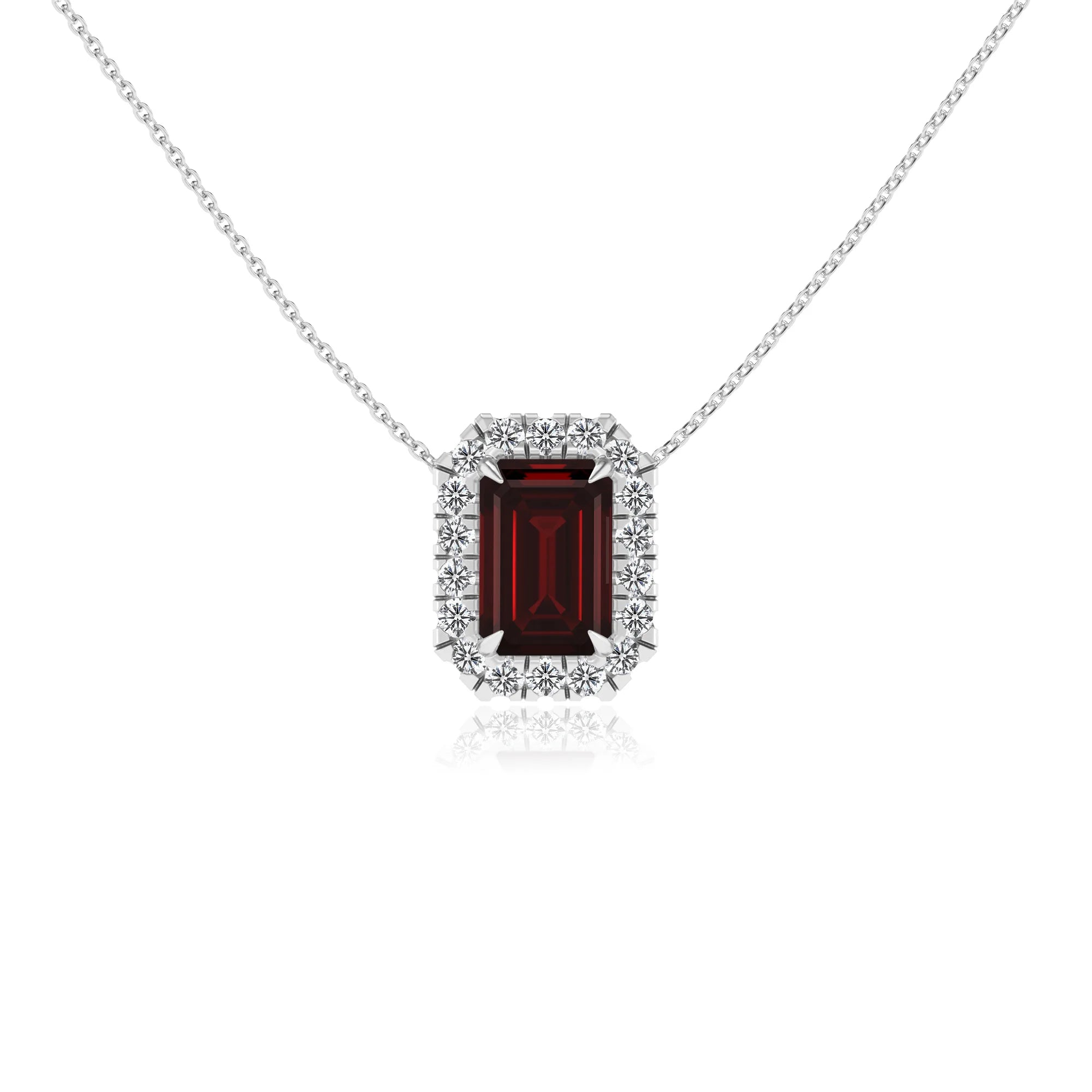 natural garnet emerald cut solitaire necklaces in white gold 