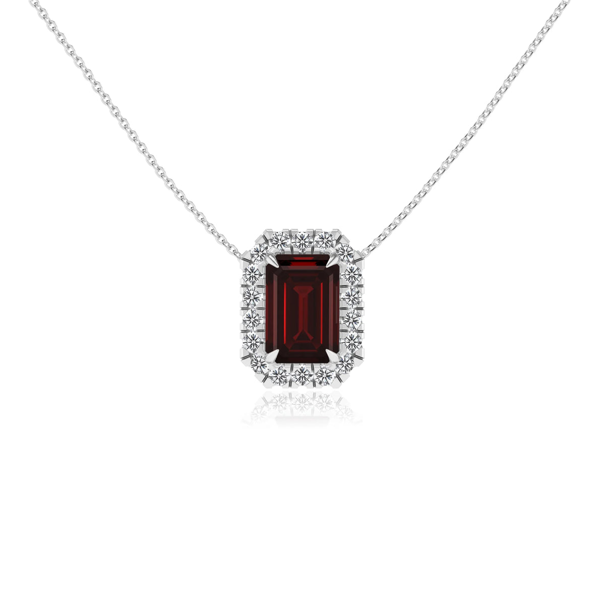 natural garnet emerald cut solitaire necklaces in white gold 