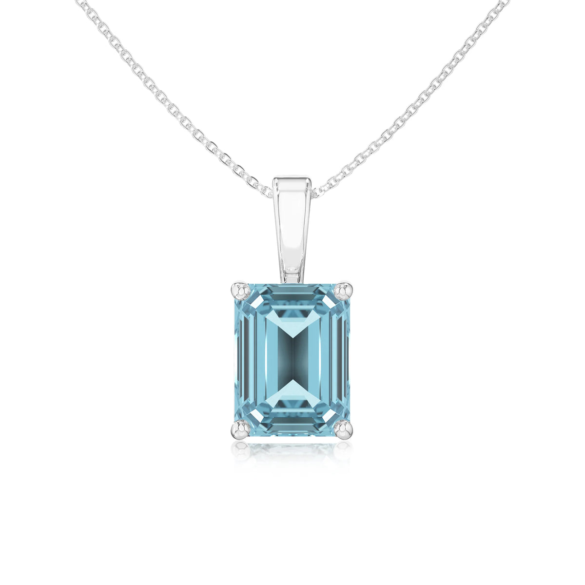 lab grown aquamarine emerald cut solitaire necklaces in sterling silver 