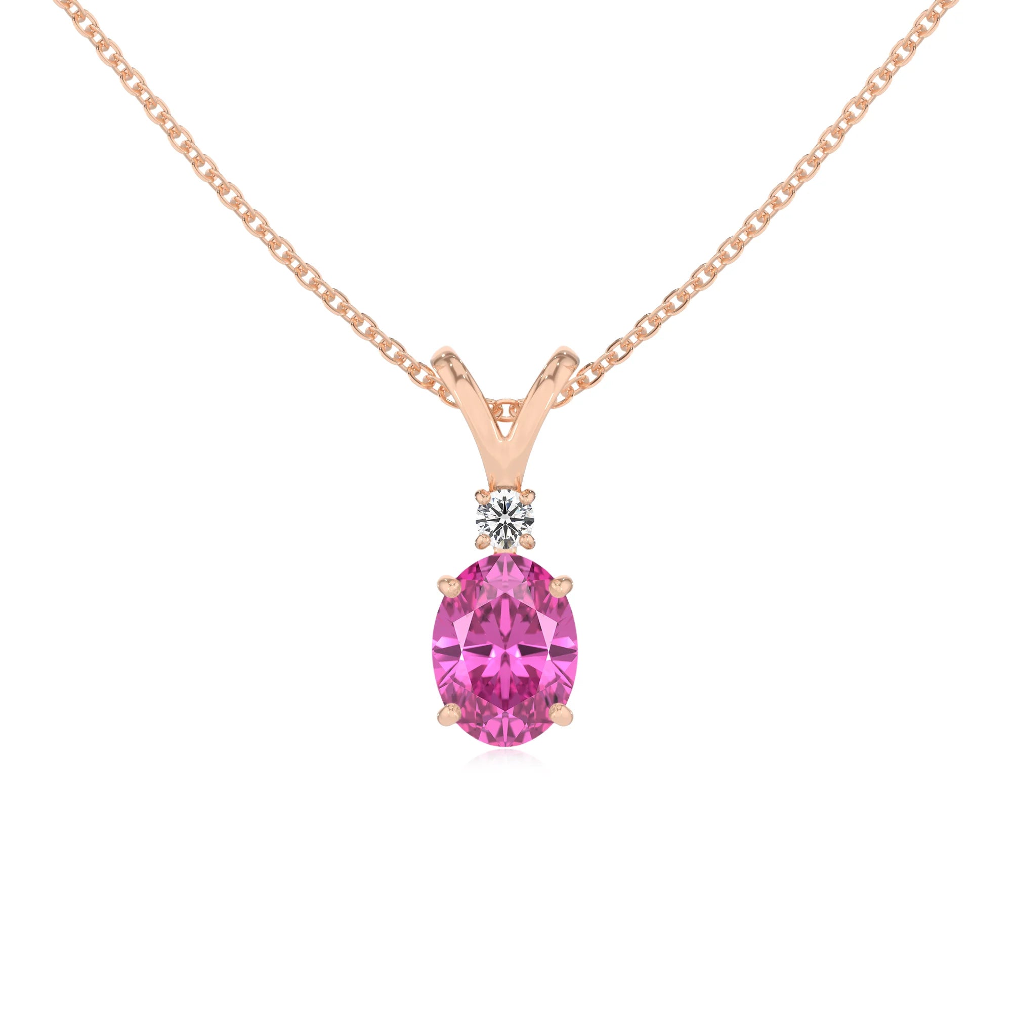 lab grown pink-sapphire oval solitaire v-bale necklaces in rose gold 
