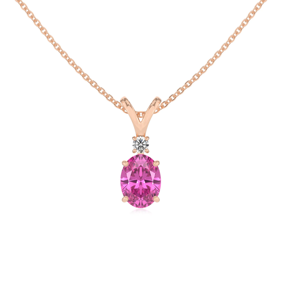 lab grown pink-sapphire oval solitaire v-bale necklaces in rose gold 
