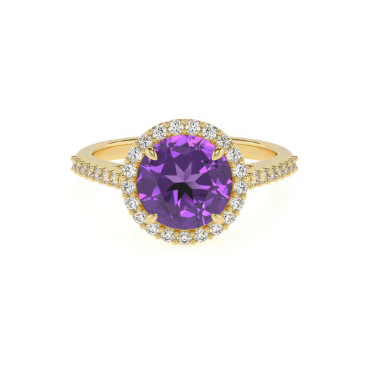 lab grown amethyst round solitaire rings in yellow gold 