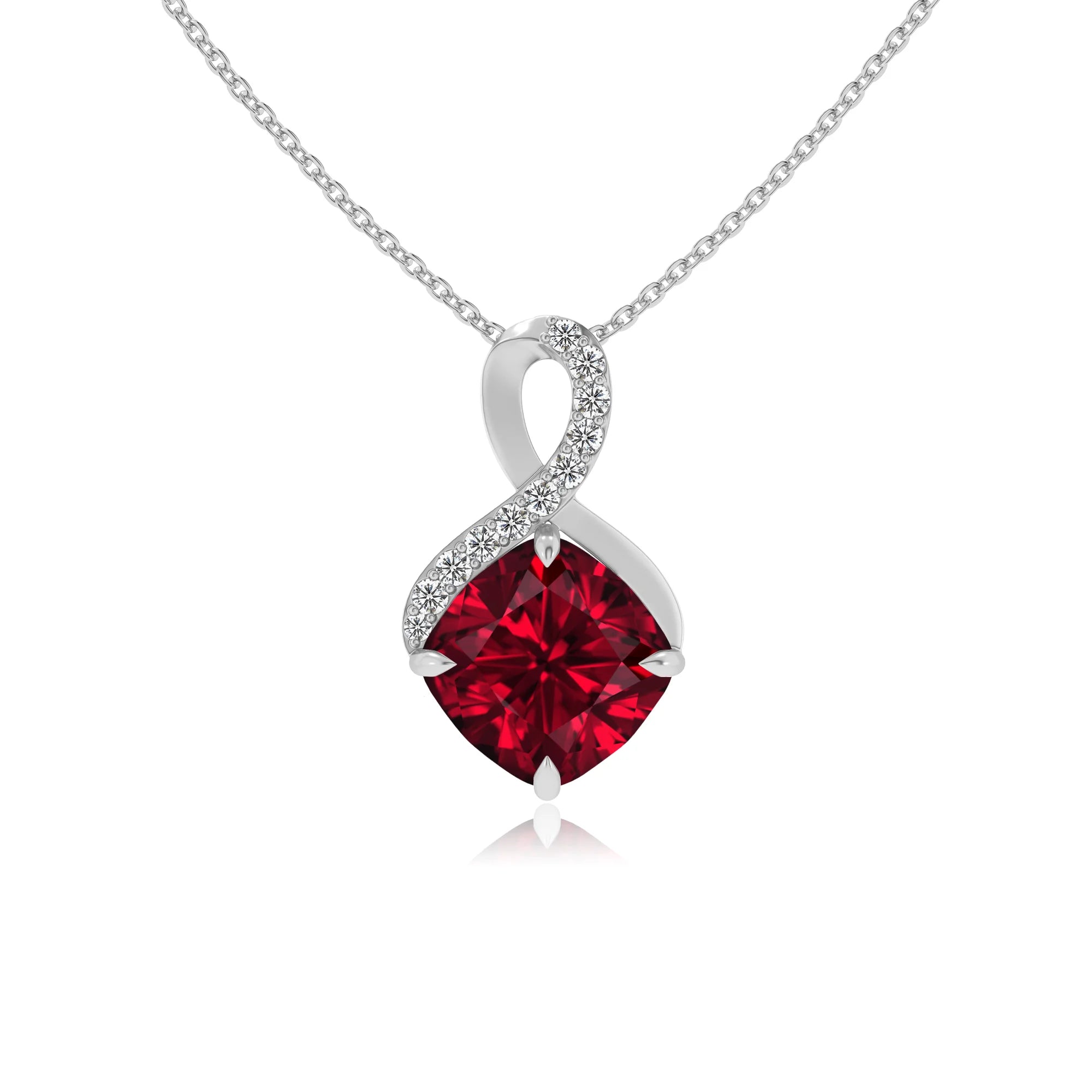 lab grown ruby cushion infinity necklaces in white gold 