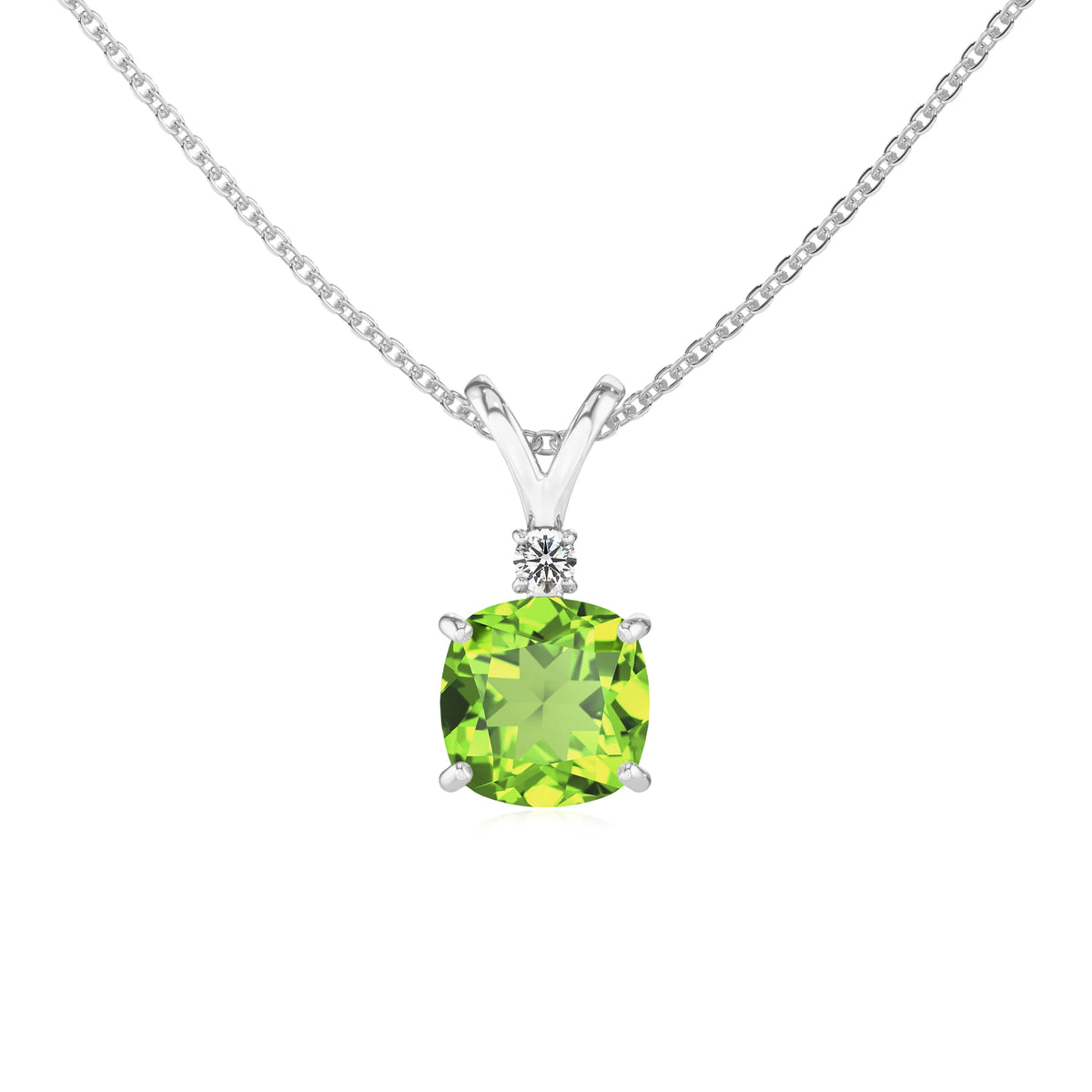 natural peridot cushion solitaire v-bale necklaces in platinum 