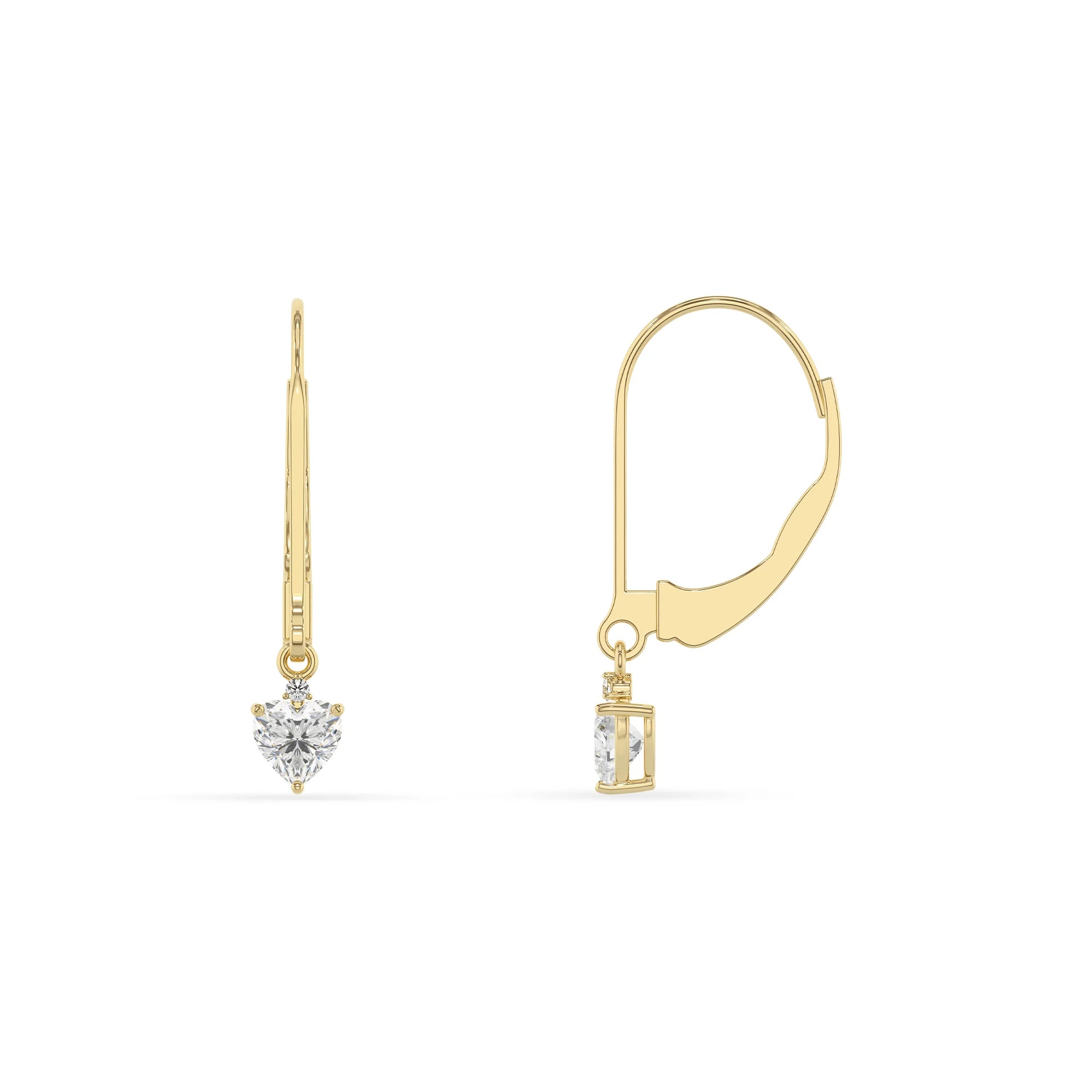 lab grown moissanite heart drop earrings in yellow gold 