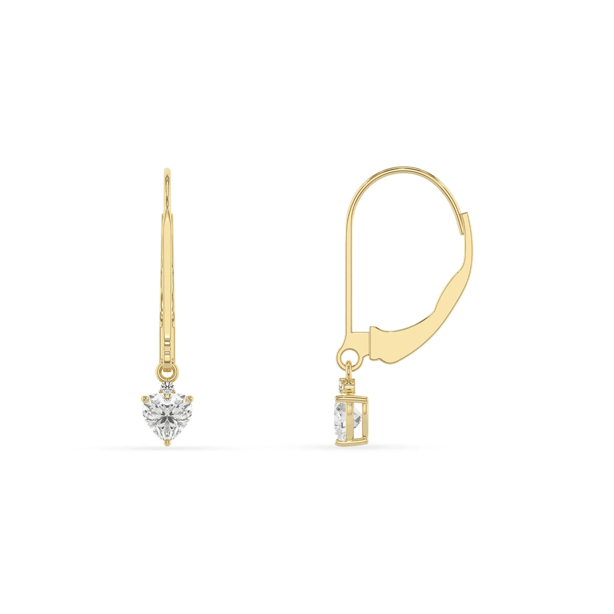 lab grown moissanite heart drop earrings in yellow gold 