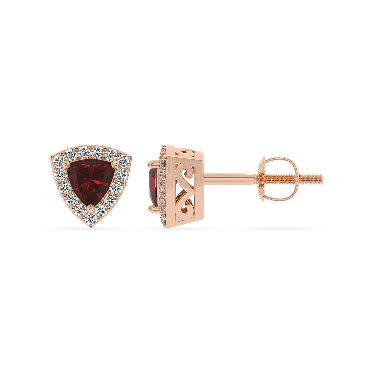natural garnet trillion stud earrings in rose gold 