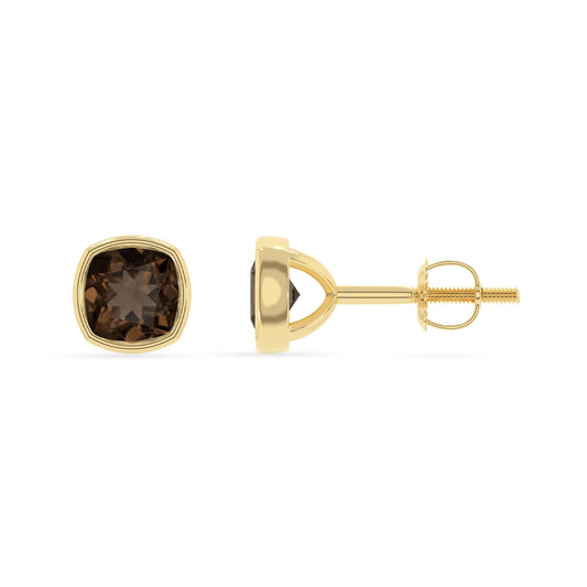 natural smoky quartz cushion stud earrings in yellow gold 