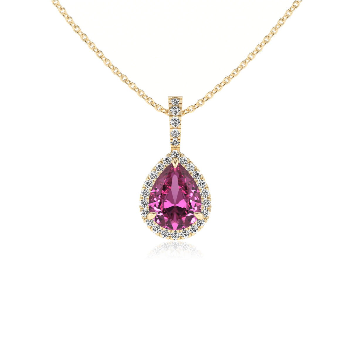lab grown pink-sapphire pear solitaire necklaces in yellow gold 