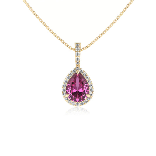 lab grown pink-sapphire pear solitaire necklaces in yellow gold 