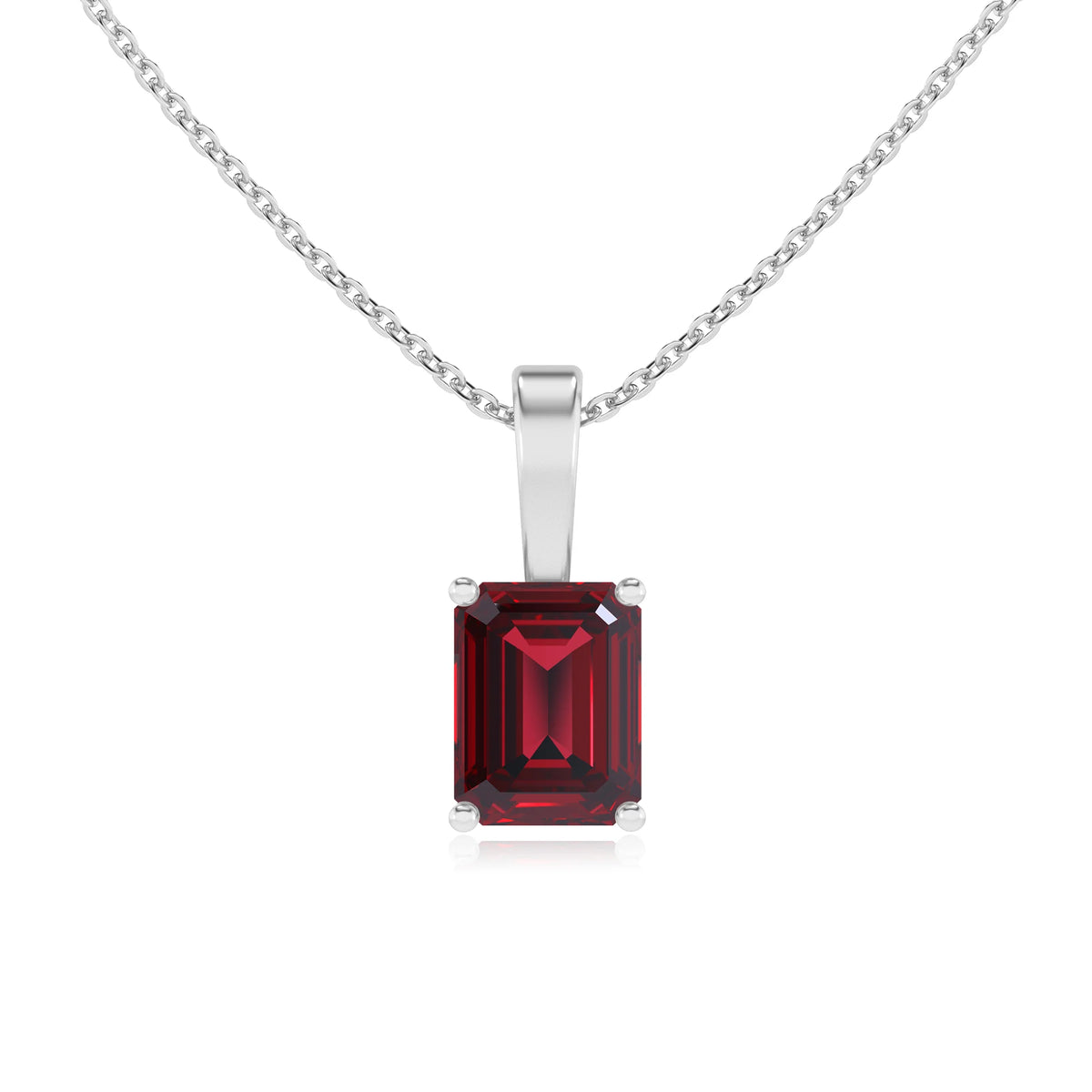 lab grown ruby emerald cut solitaire necklaces in sterling silver 
