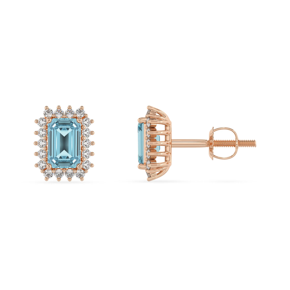 lab grown aquamarine emerald cut stud earrings in rose gold 