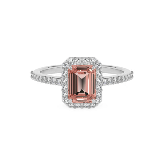 lab grown morganite emerald cut solitaire rings in platinum 