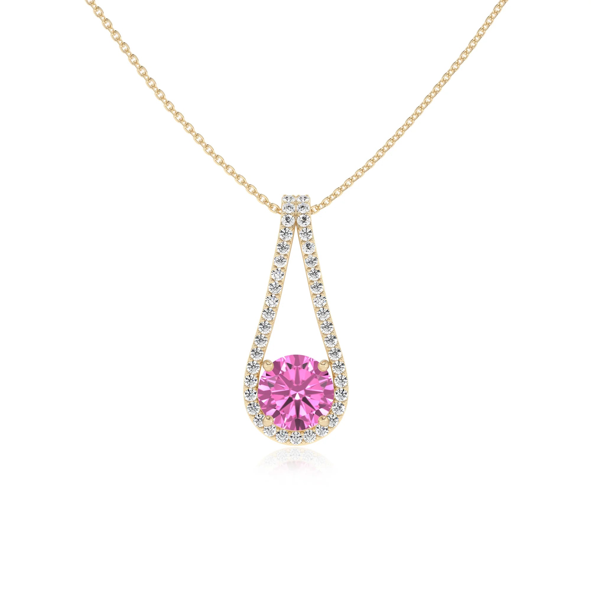 lab grown pink-sapphire round solitaire v-bale necklaces in yellow gold 