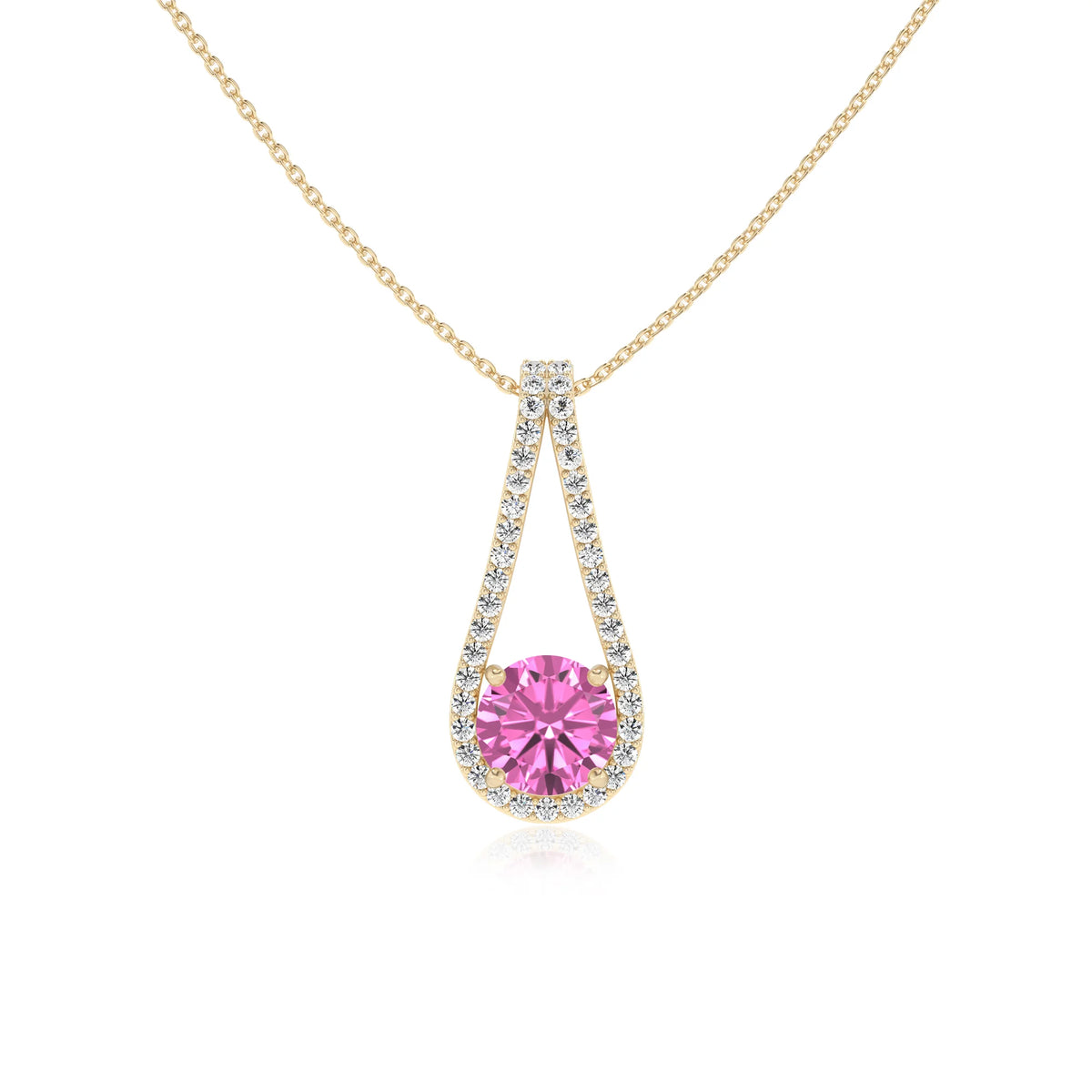 lab grown pink-sapphire round solitaire v-bale necklaces in yellow gold 