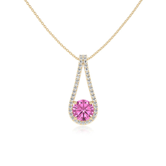 lab grown pink-sapphire round solitaire v-bale necklaces in yellow gold 