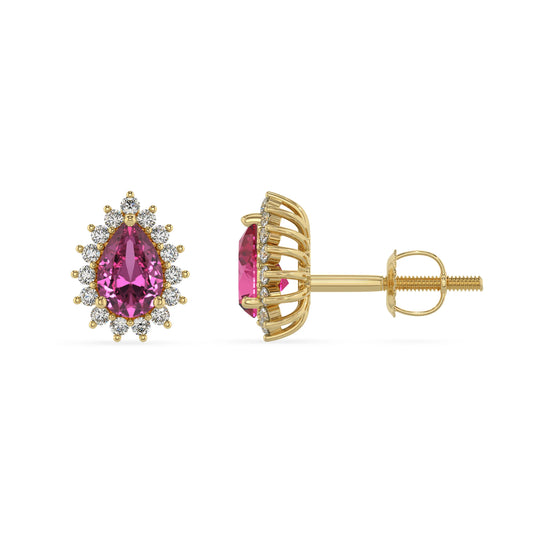lab grown pink sapphire pear stud earrings in yellow gold 