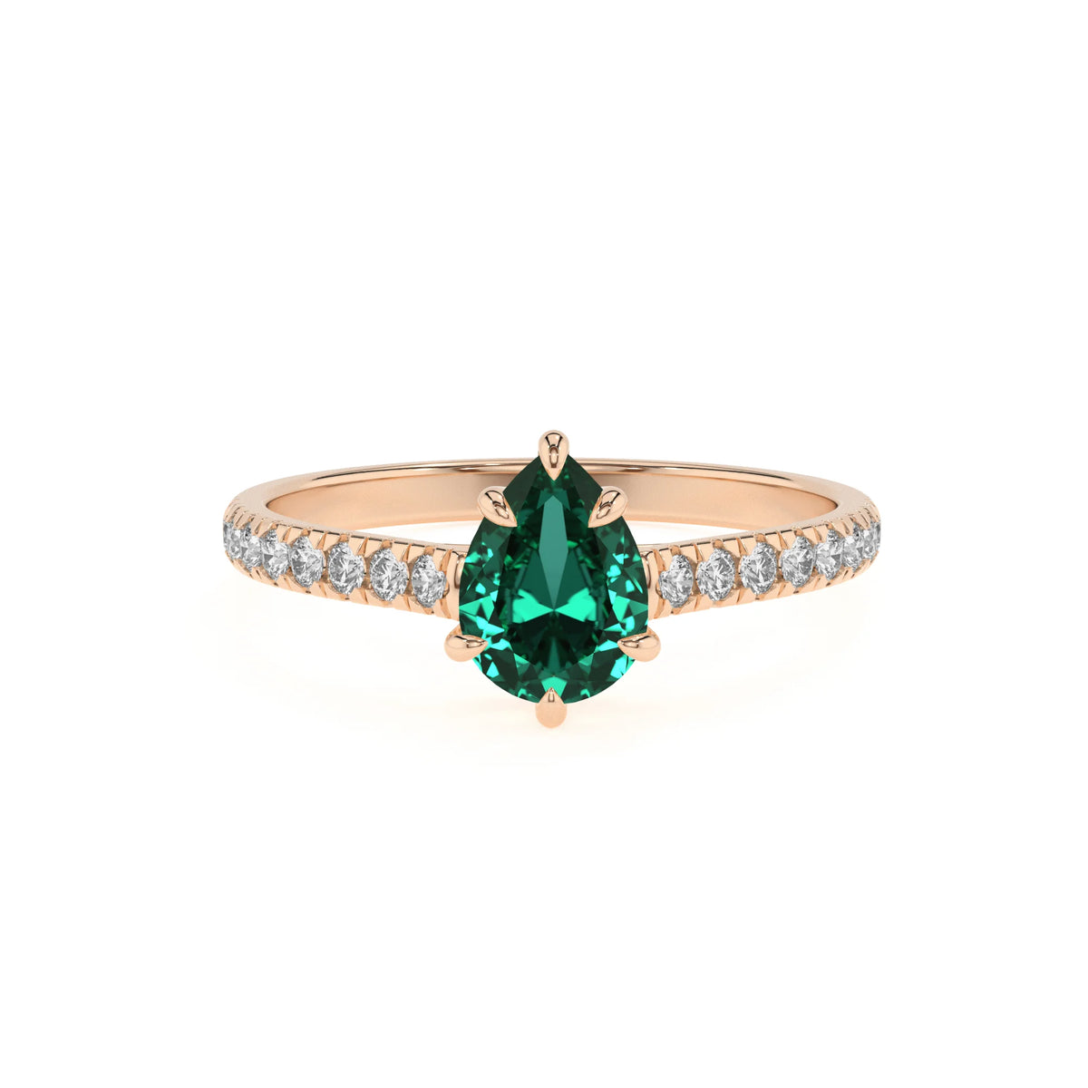 lab grown emerald pear half eternity solitaire engagement rings in rose gold 