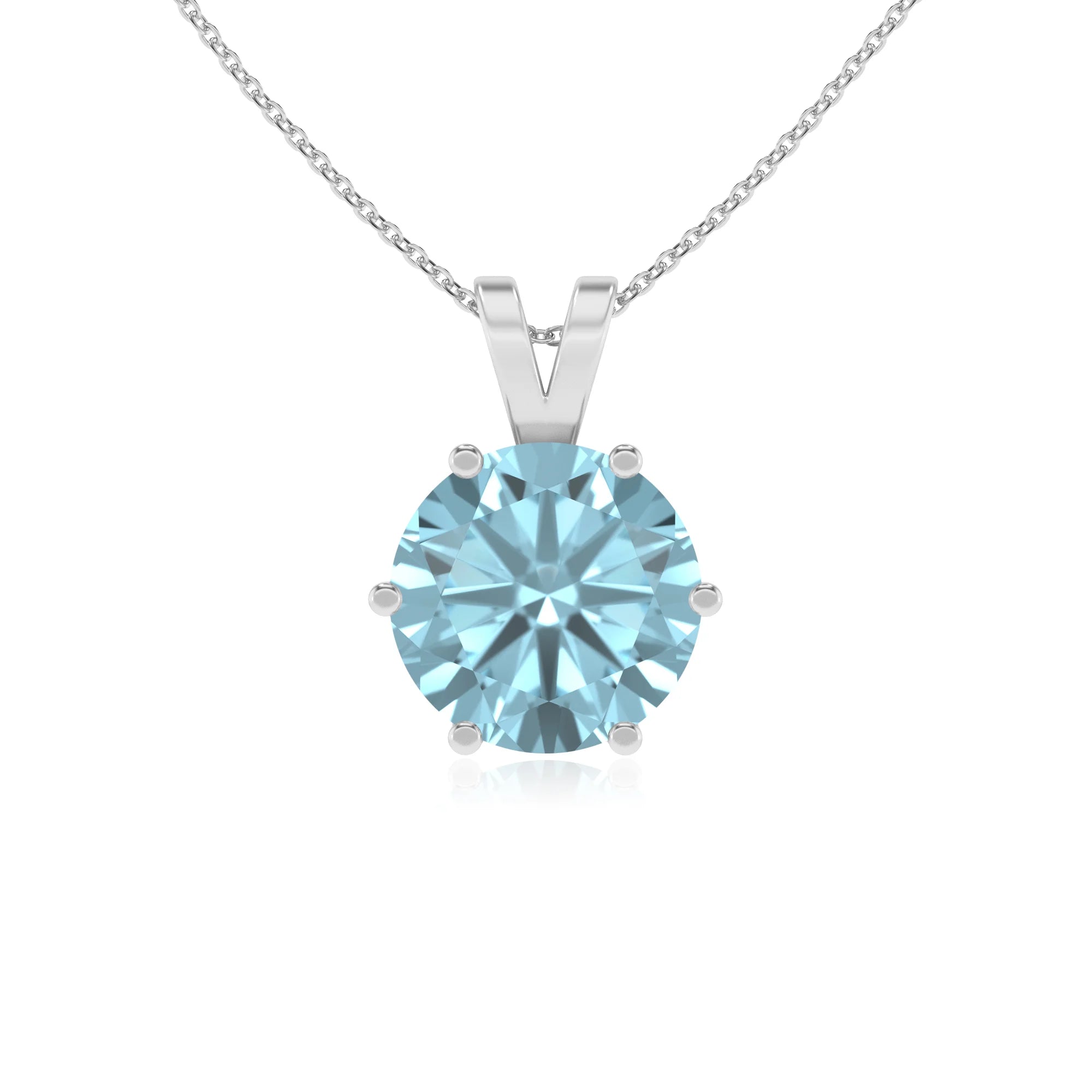 lab grown aquamarine round solitaire v-bale necklaces in sterling silver 