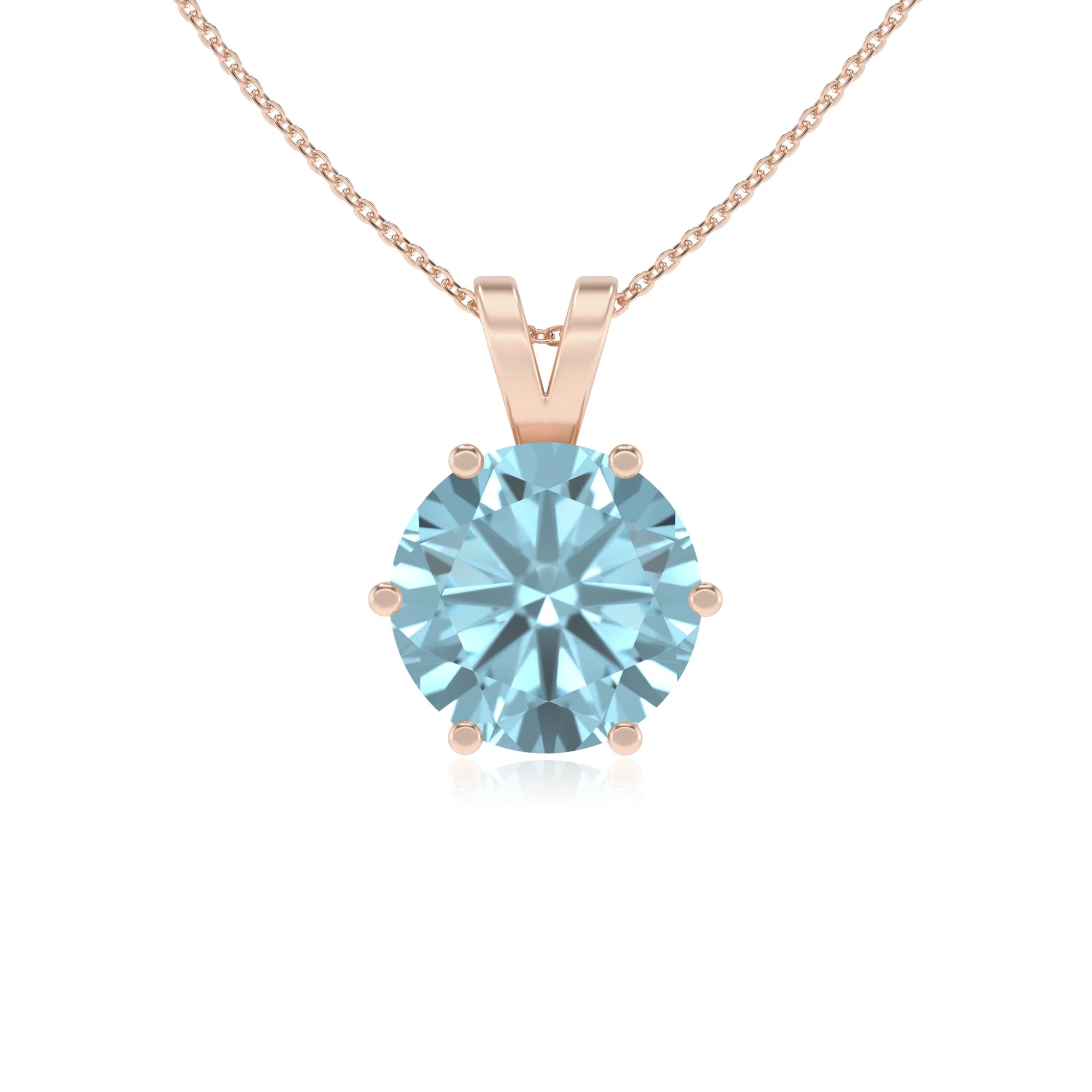 lab grown aquamarine round solitaire v-bale necklaces in rose gold 