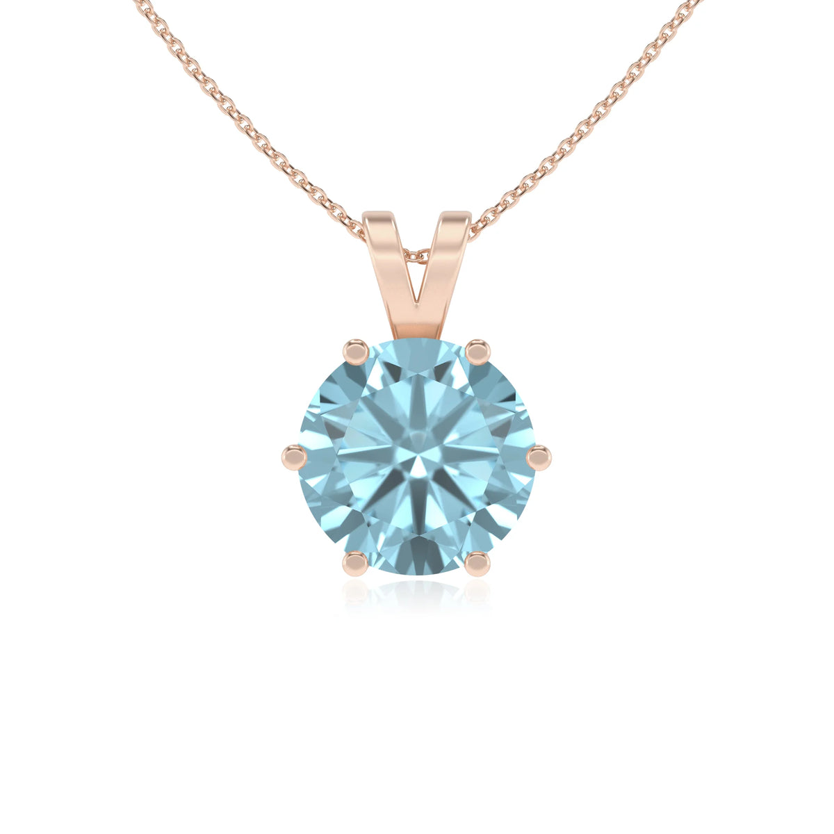lab grown aquamarine round solitaire v-bale necklaces in rose gold 