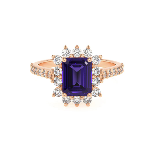 lab grown tanzanite emerald cut solitaire rings in rose gold 