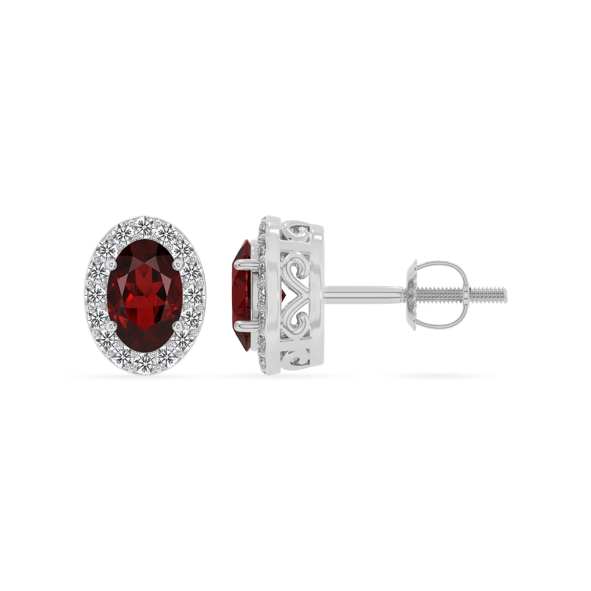 natural garnet oval stud earrings in white gold 