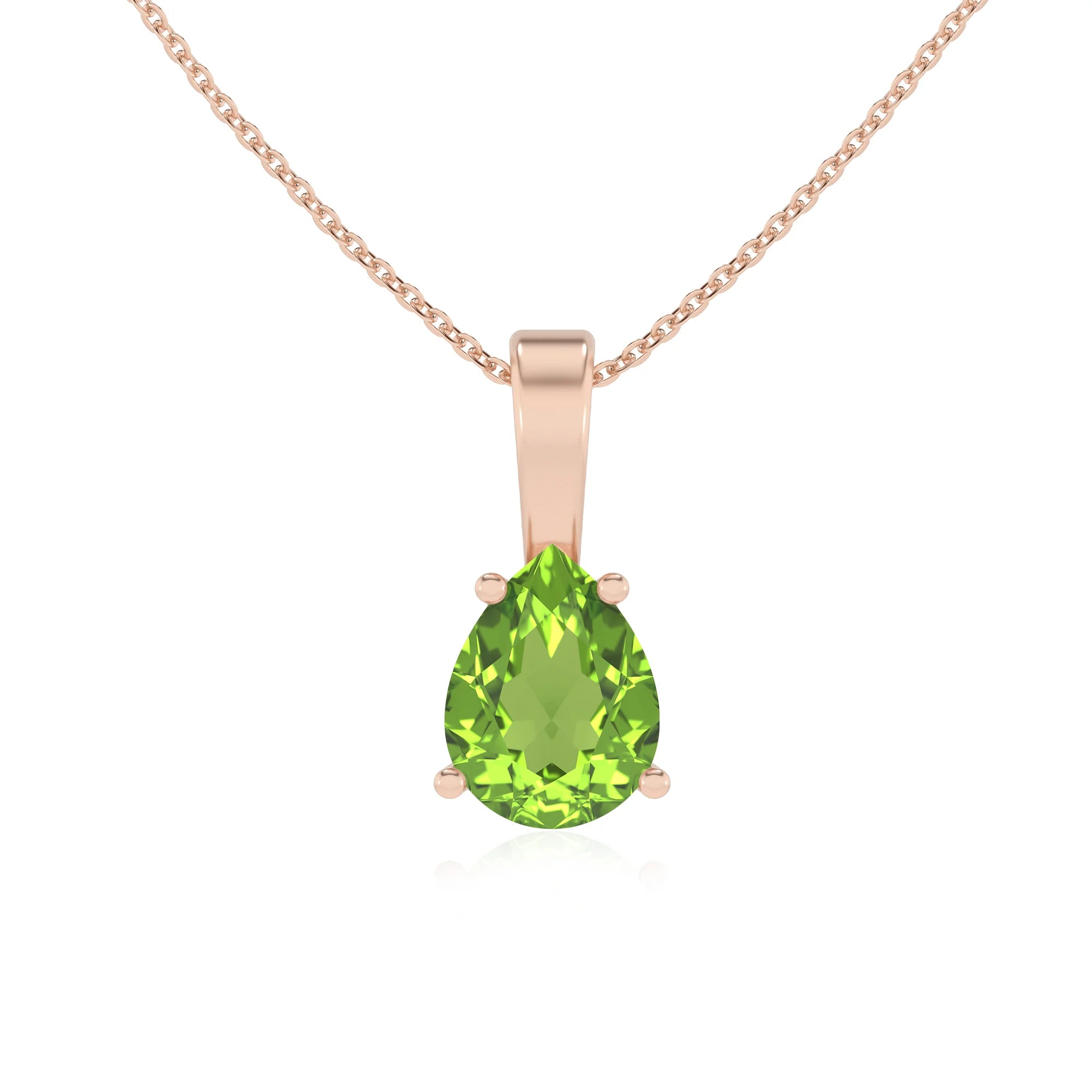 natural peridot pear solitaire necklaces in rose gold 