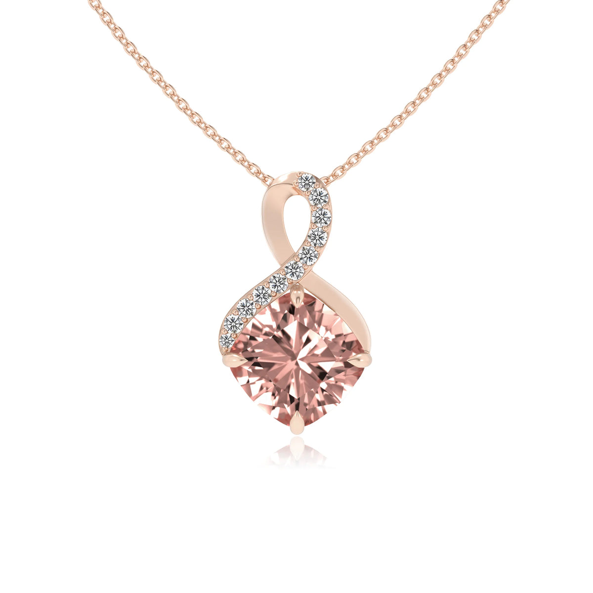 lab grown morganite cushion infinity necklaces in rose gold 
