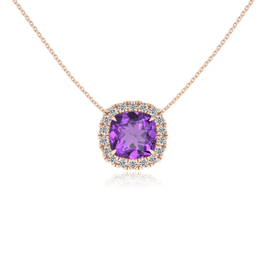 lab grown amethyst cushion solitaire necklaces in rose gold 