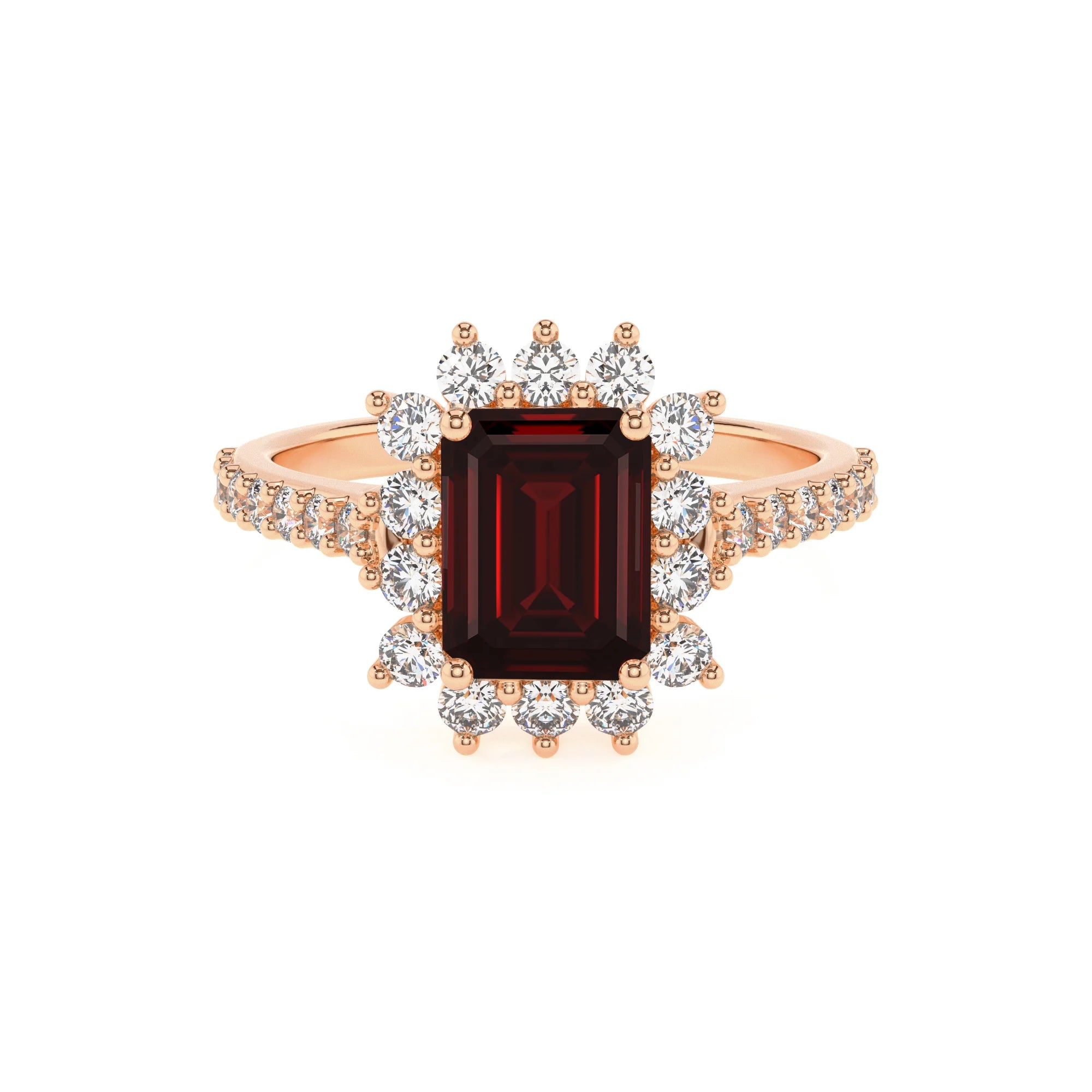 natural garnet emerald cut solitaire rings in rose gold 