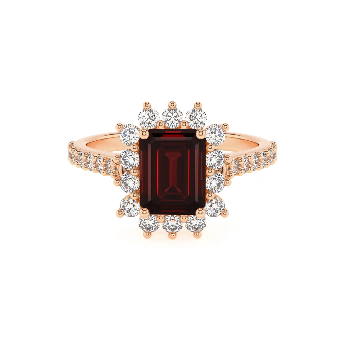 natural garnet emerald cut solitaire rings in rose gold 