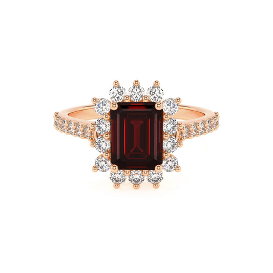 natural garnet emerald cut solitaire rings in rose gold 