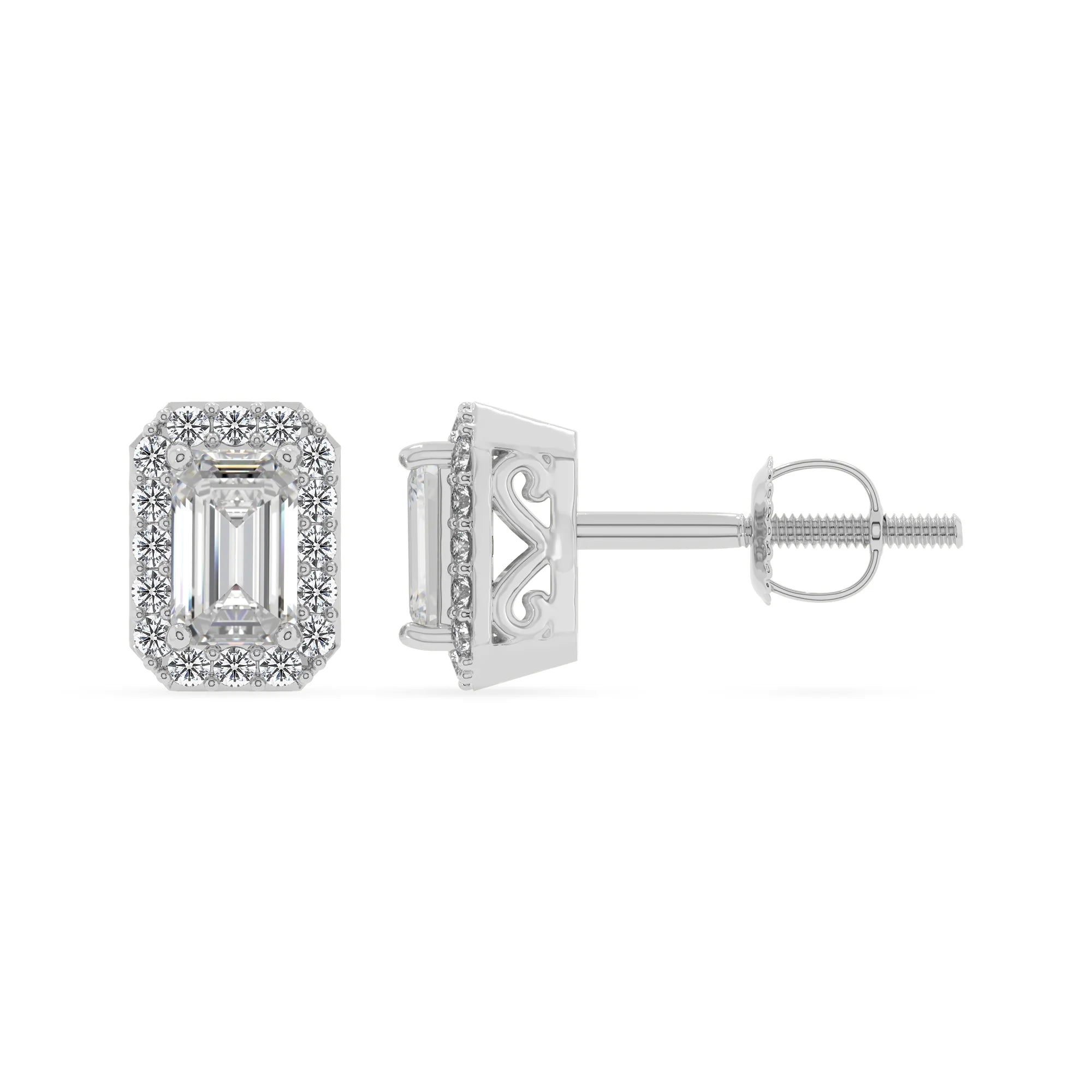 lab grown moissanite emerald cut stud earrings in platinum 