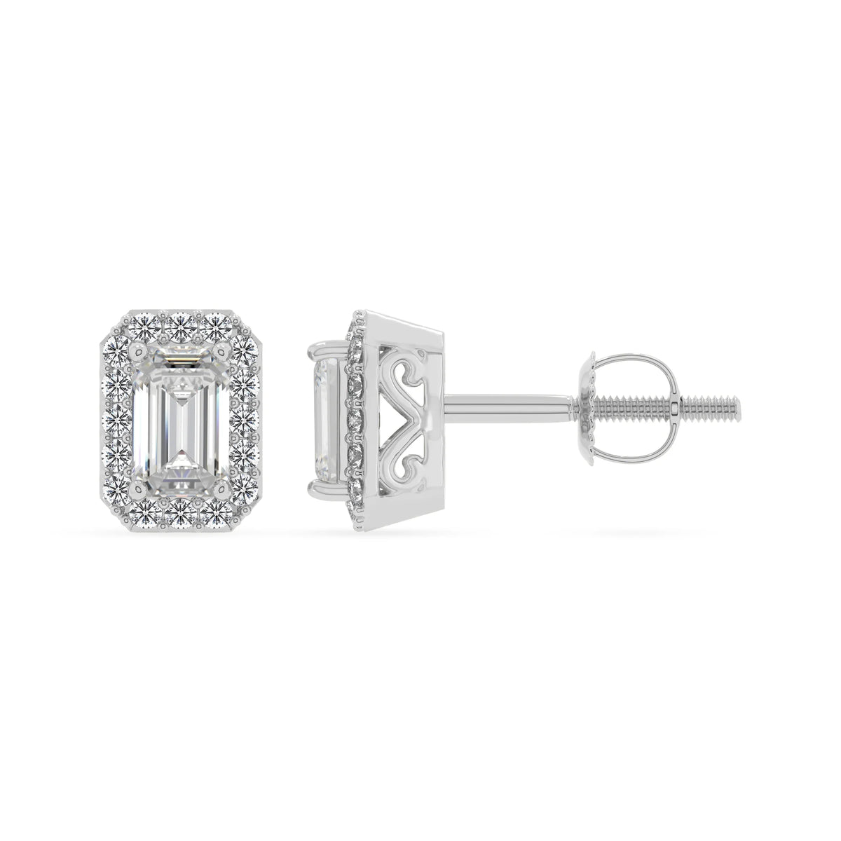lab grown moissanite emerald cut stud earrings in platinum 