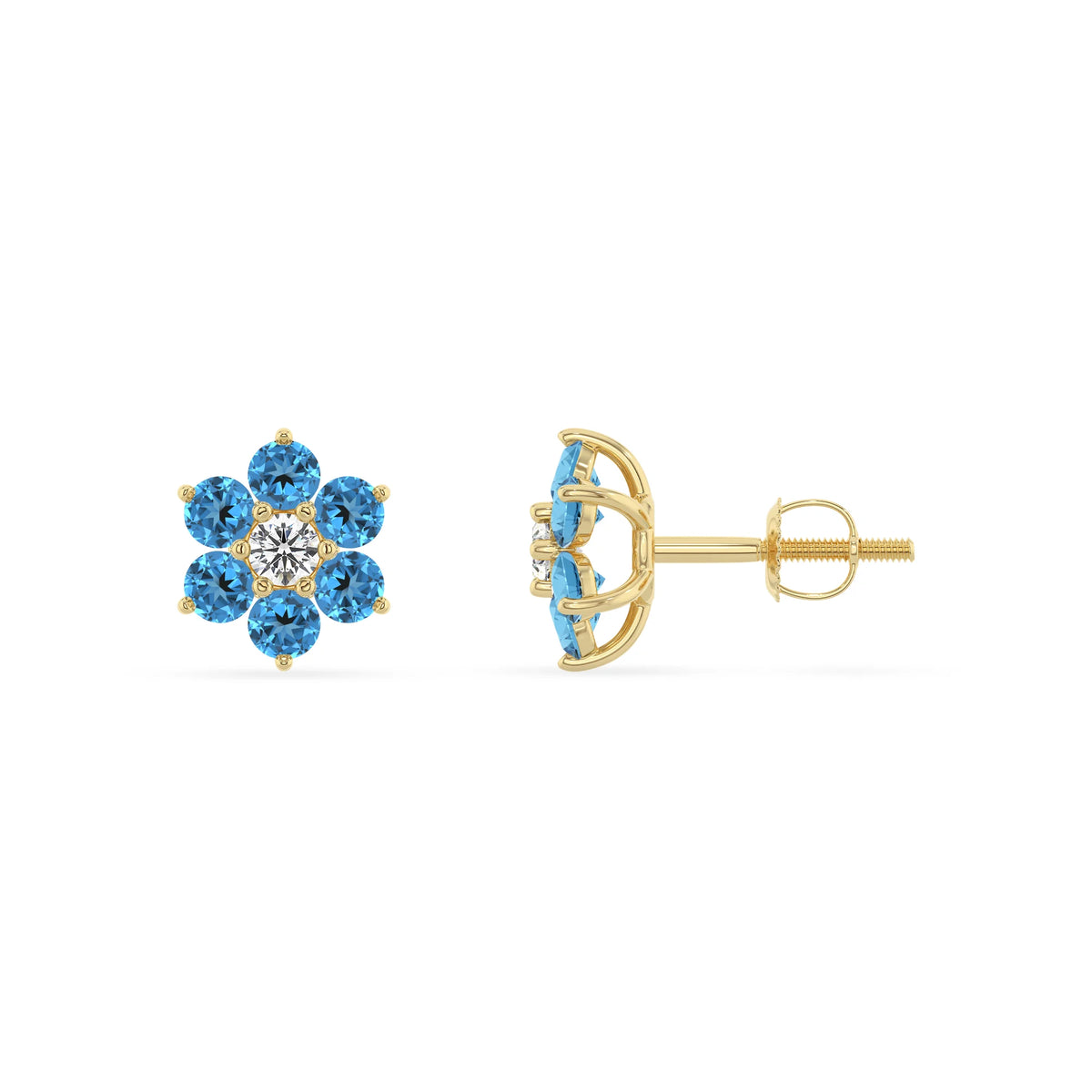 Natural Swiss Blue Topaz Round Stud Earrings with Diamond