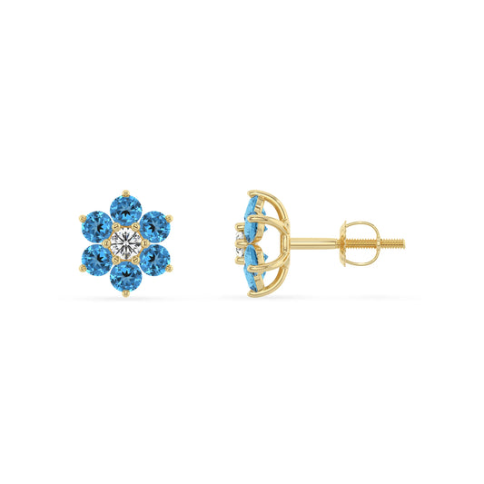 Natural Swiss Blue Topaz Round Stud Earrings with Diamond