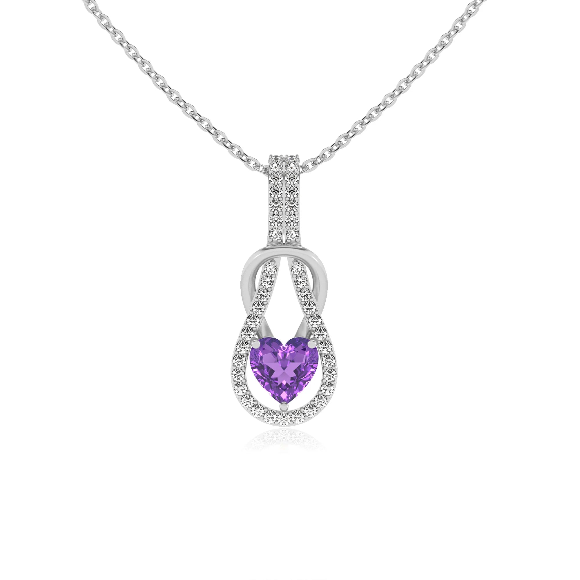 lab grown amethyst heart infinity  v-bale necklaces in sterling silver 