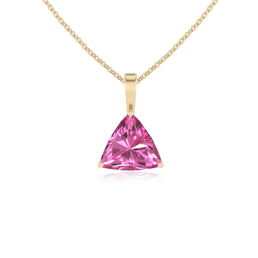 lab grown pink-sapphire trillion solitaire necklaces in yellow gold 