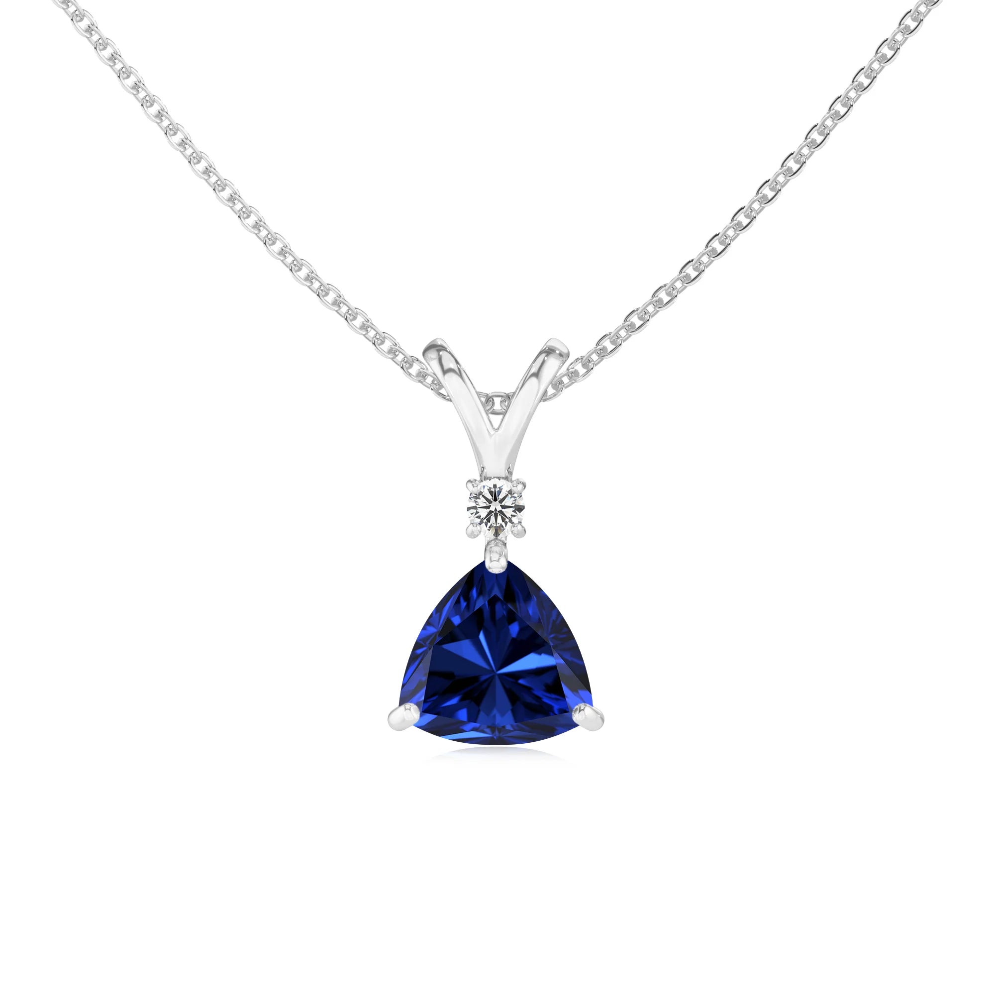 lab grown blue-sapphire trillion solitaire v-bale necklaces in platinum 