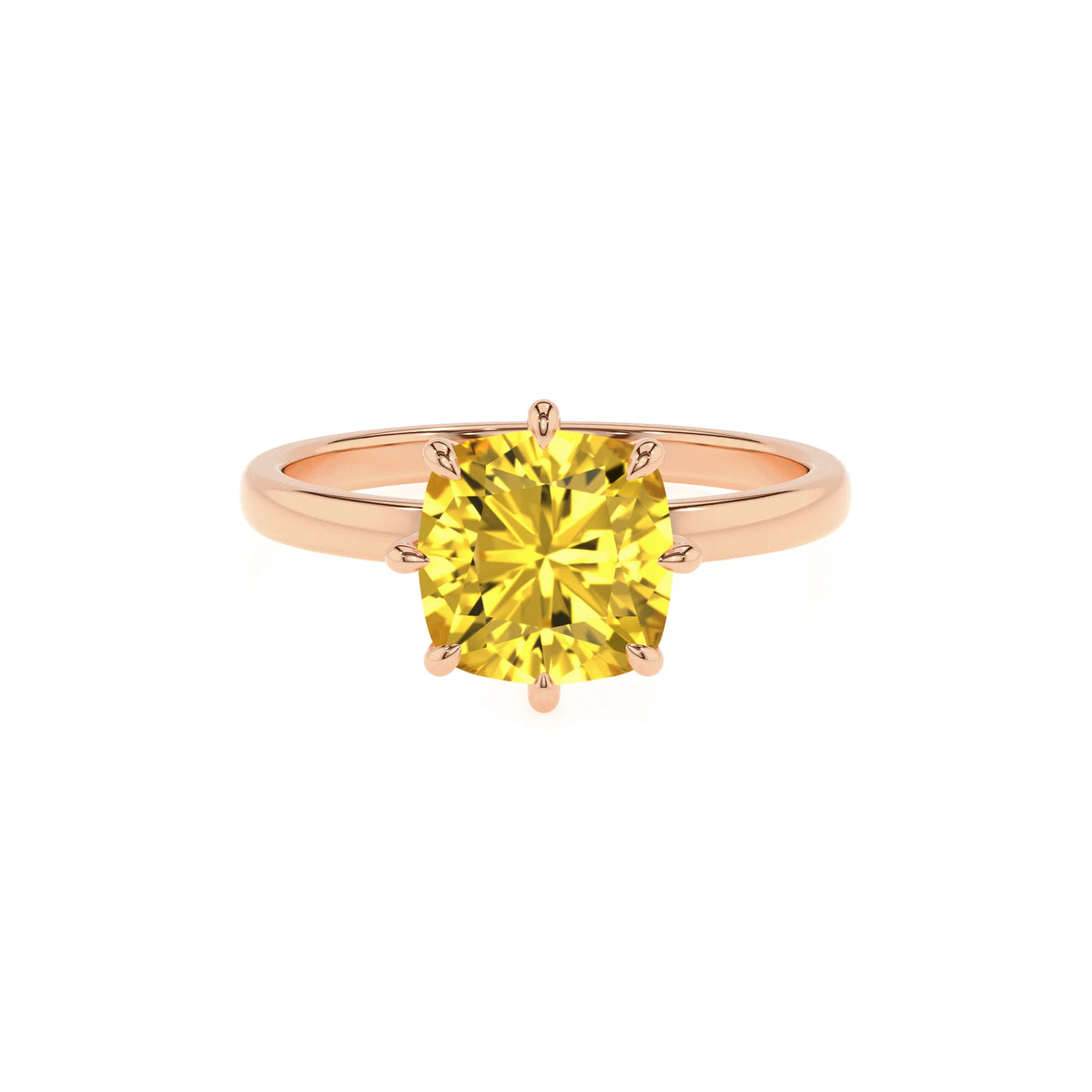 lab grown yellow-sapphire cushion solitaire rings in rose gold 