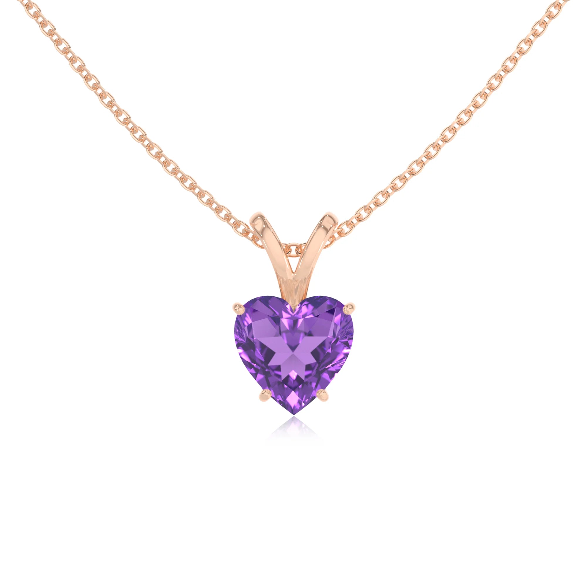lab grown amethyst heart solitaire v-bale necklaces in rose gold 