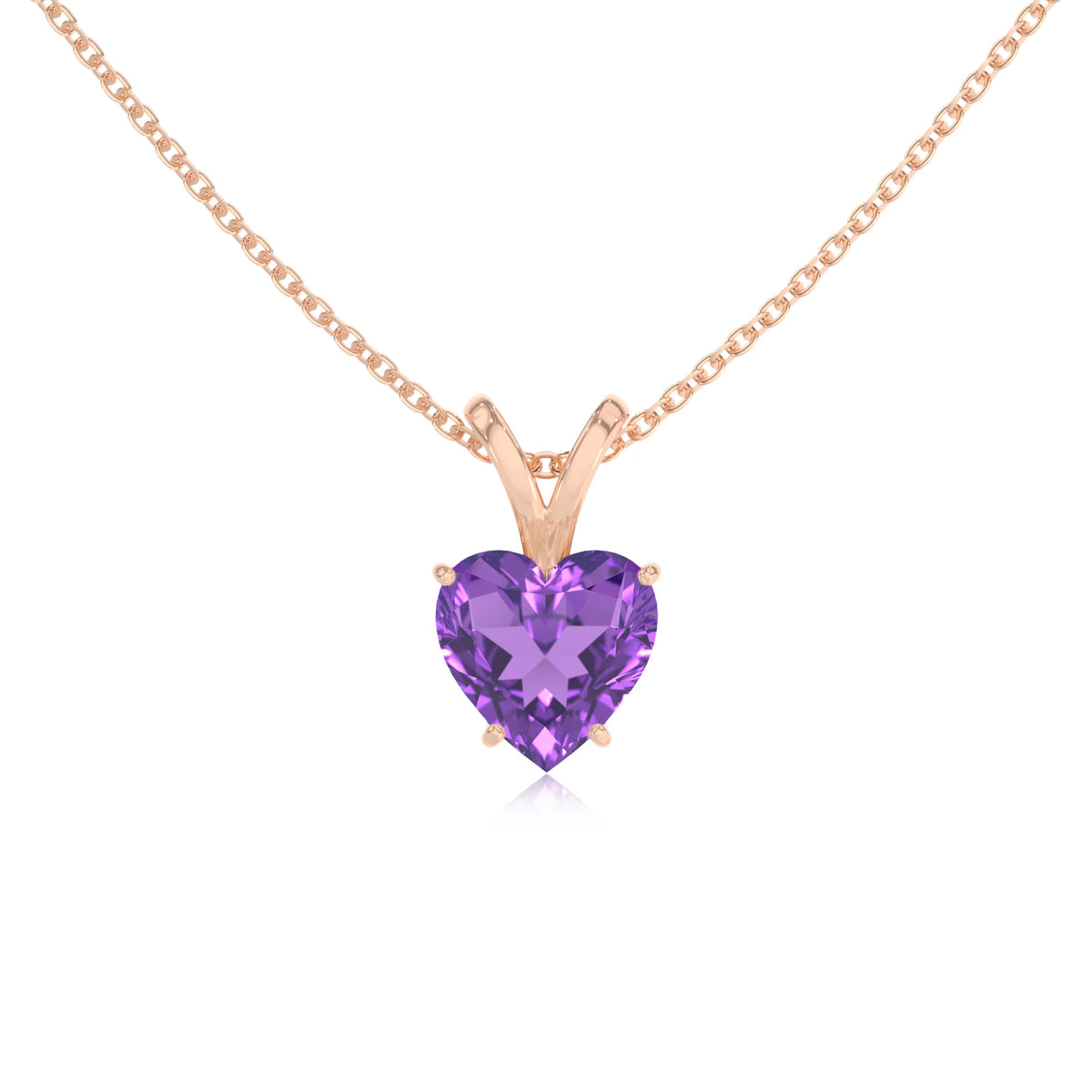 lab grown amethyst heart solitaire v-bale necklaces in rose gold 