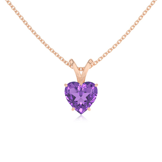 lab grown amethyst heart solitaire v-bale necklaces in rose gold 